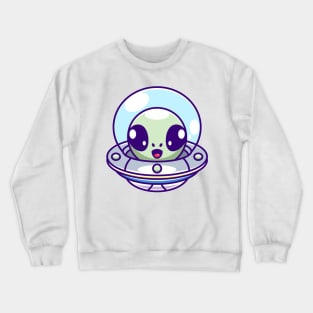 Cute alien flying with spaceship ufo cartoon Crewneck Sweatshirt